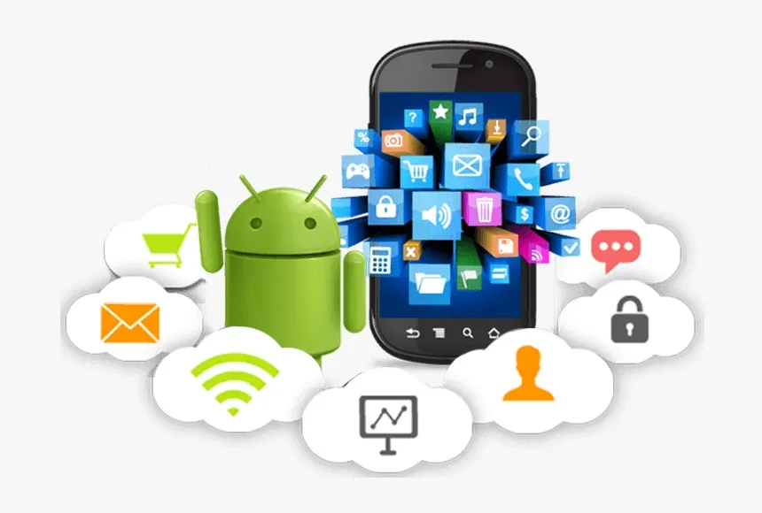 Android phone surrounded by mobile application icons