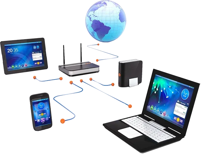 Computers connected to a central hosting network illustration