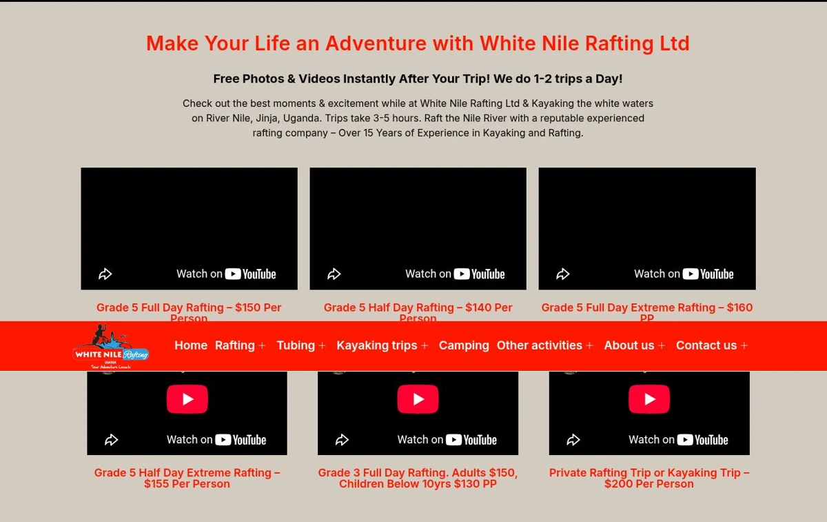 White Nile Rafting — live website content preview