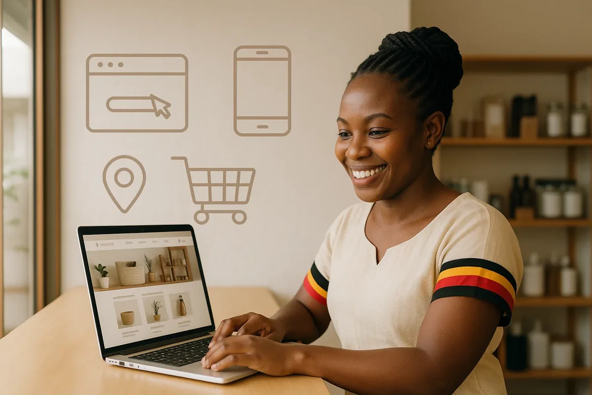 Business owner planning website content at a laptop