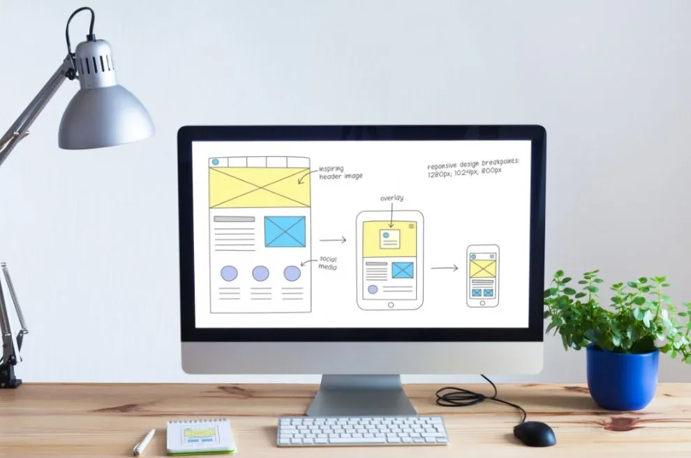Desktop computer displaying website layout planning