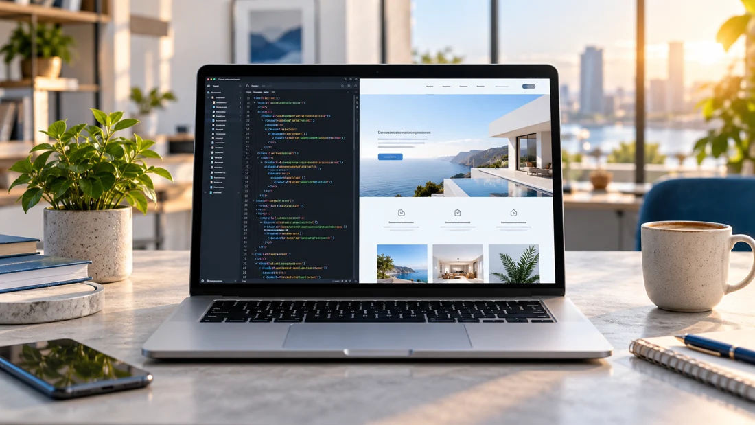 Laptop displaying website design and code in a workspace