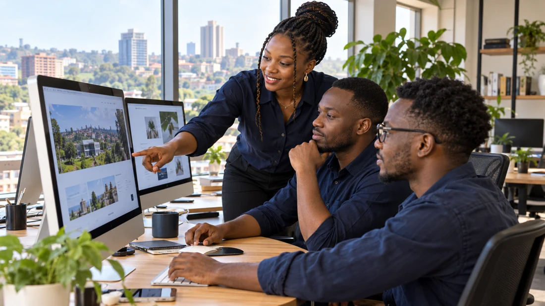 Team collaborating on a digital project in an office